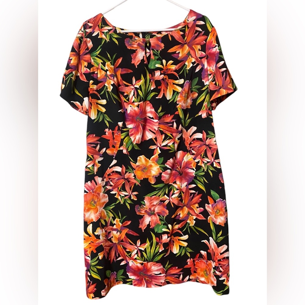 Alyx Floral Dress Womens 16W Midi Zipper Multicolor Keyhole Stretch Career Comfy
